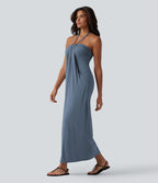 Robe longue dos nu col licou avec nœud et poches
