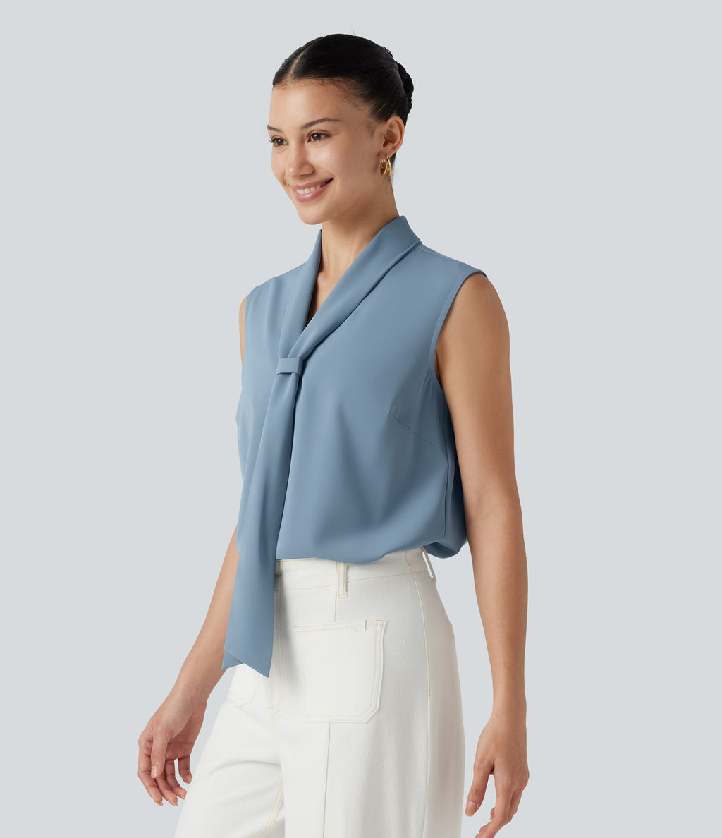 Blouse  sans manches esprit bureau défroissage facile, col V et lien à nouer