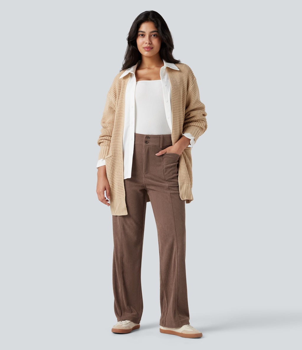 Pantalon décontracté droit taille haute en velours côtelé avec poches