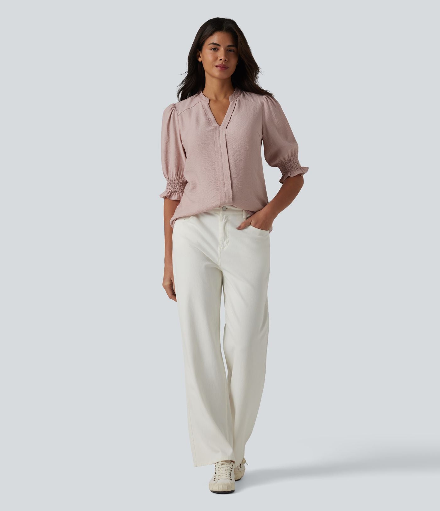 Blouse décontractée à col en V et manches courtes bouffantes