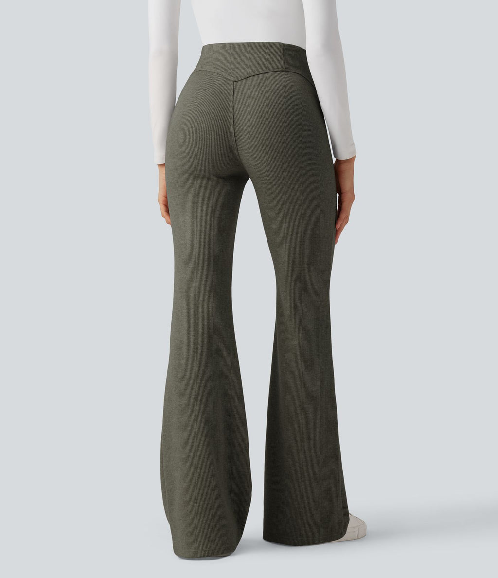 Pantalon  taille haute décontracté évasé côtelé gainant