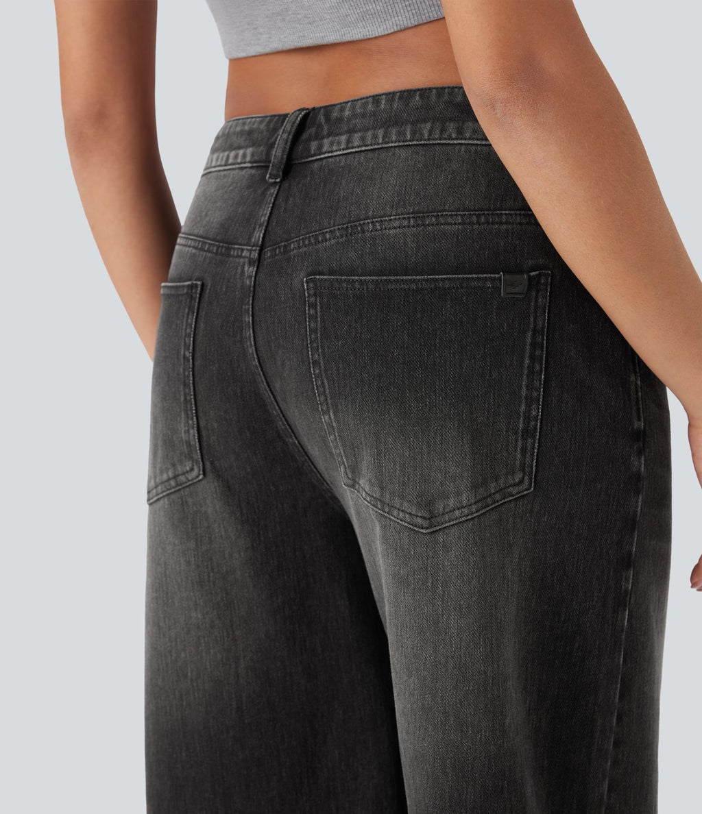 Jean capri décontracté Halara Flex™ baggy taille basse en maille extensible délavée avec poches