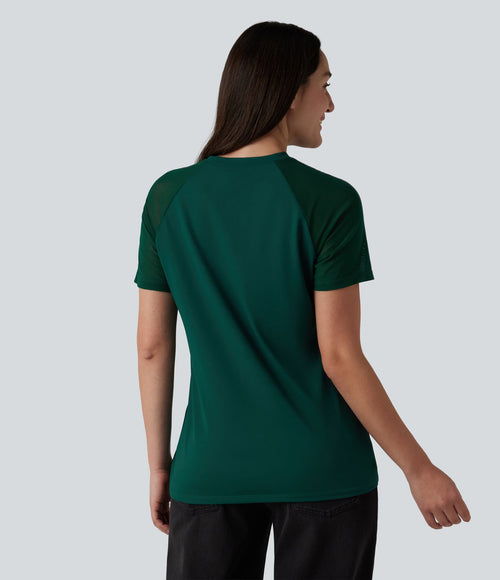 Blouse décontractée col rond manches raglan courtes avec empiècement en mesh contrasté