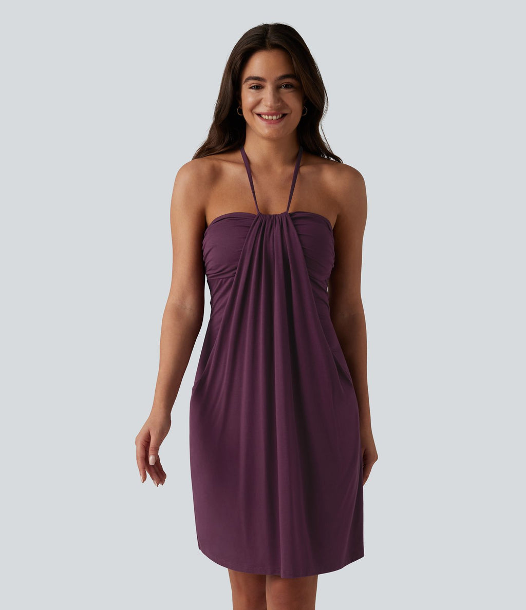 Robe mini dos nu à bretelles, brassière intégrée et poches
