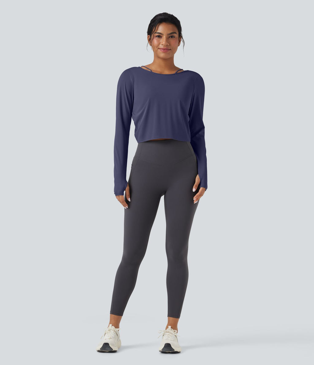 Top de sport yoga SoftlyZero™ QuickDry 2-en-1 dos nu torsadé manches longues avec trous pouces