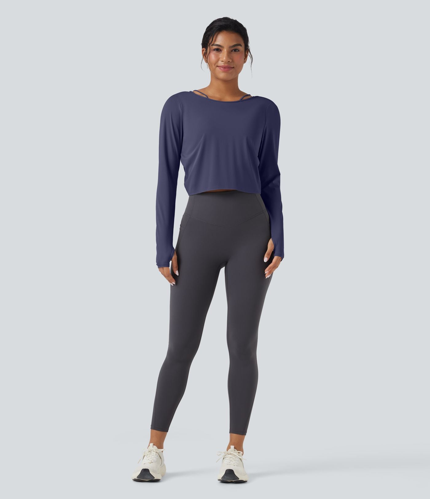 Top de sport yoga SoftlyZero™ QuickDry 2-en-1 dos nu torsadé manches longues avec trous pouces