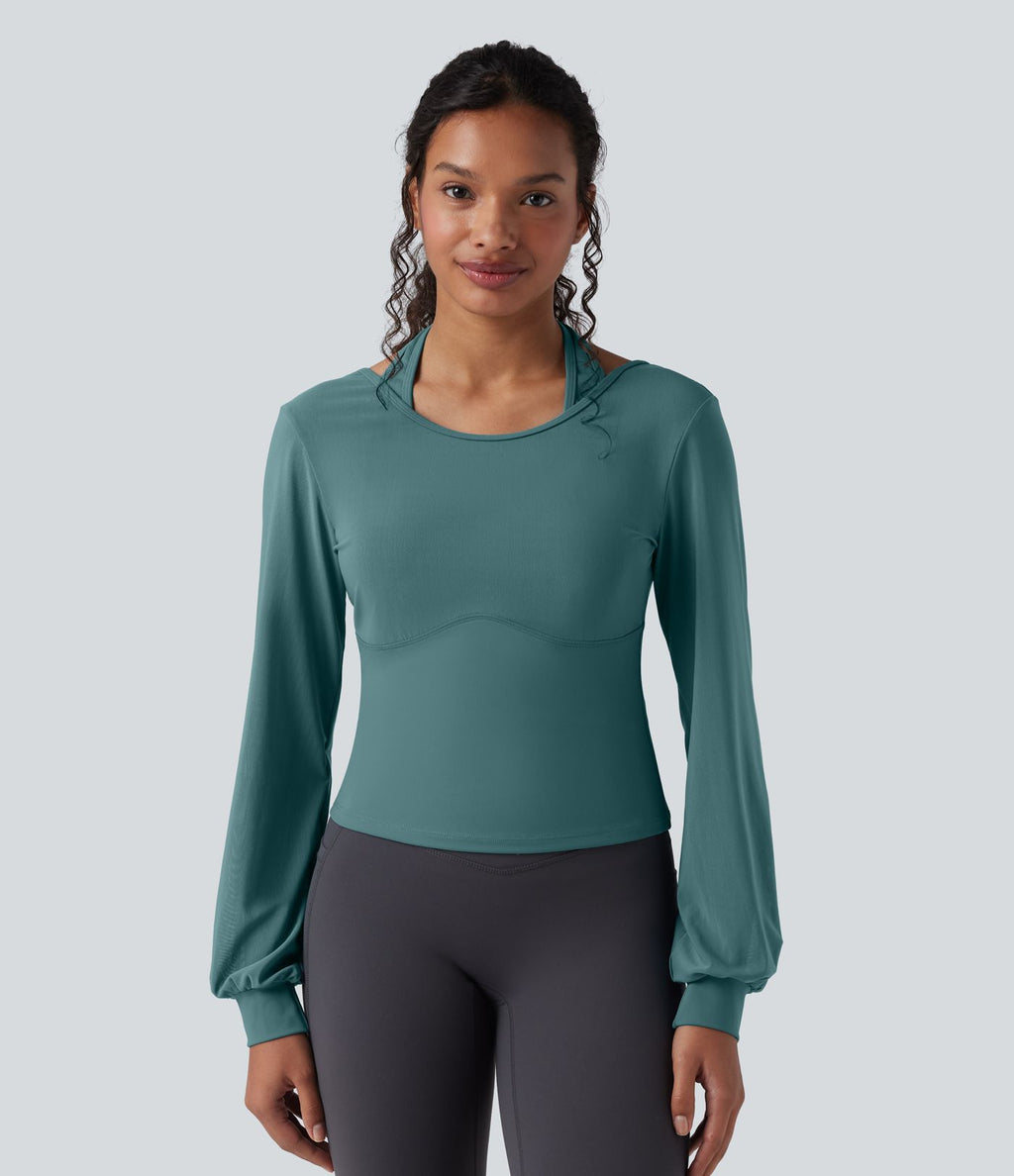 Haut de sport de yoga SoftlyZero™ aérien dos nu dos-nu manches longues bishop mesh contrastant - UPF50+