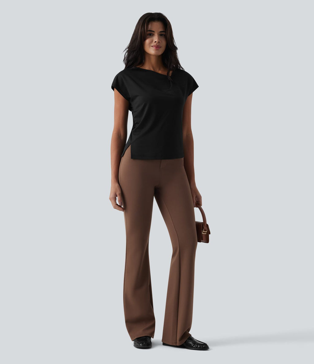 Blouse tailleur asymétrique col drapé manches courtes avec fronces et ourlet fendu