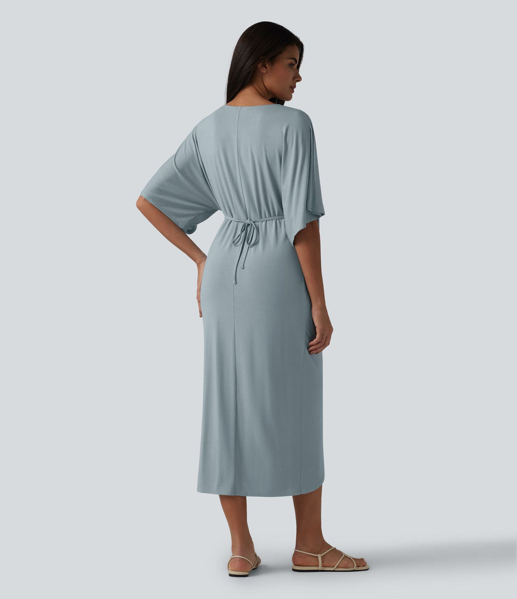 Robe midi col V manches chauve-souris ourlet tulipe torsadé