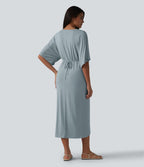 Robe midi col V manches chauve-souris ourlet tulipe torsadé