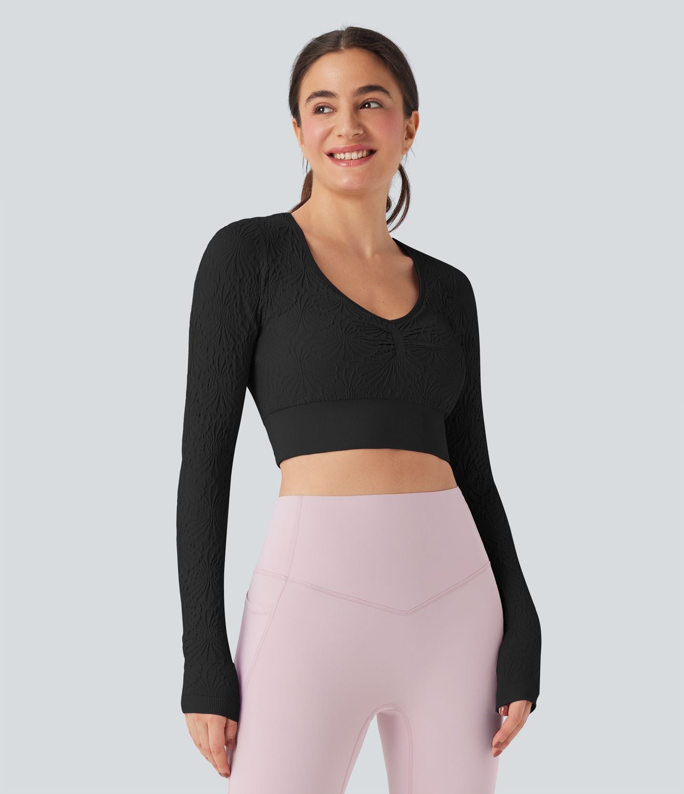 Haut de sport yoga court ajusté jacquard à manches longues sans couture OneForm Seamless Flow