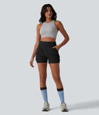Short Yoga froncé taille haute, séchage rapide, UPF40+ avec poches