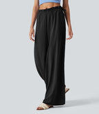 Pantalon baggy fluide casual en mélange de lin taille mi-haute à volants avec cordon et poches