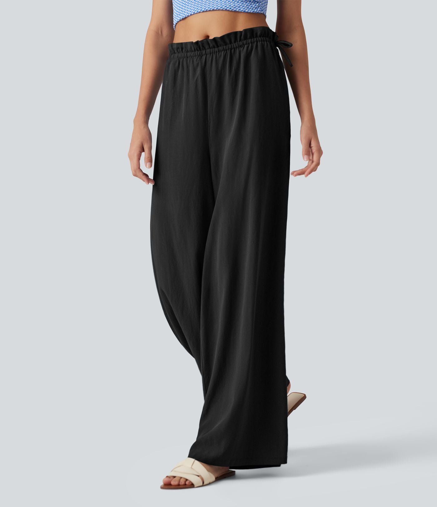 Pantalon baggy fluide casual en mélange de lin taille mi-haute à volants avec cordon et poches
