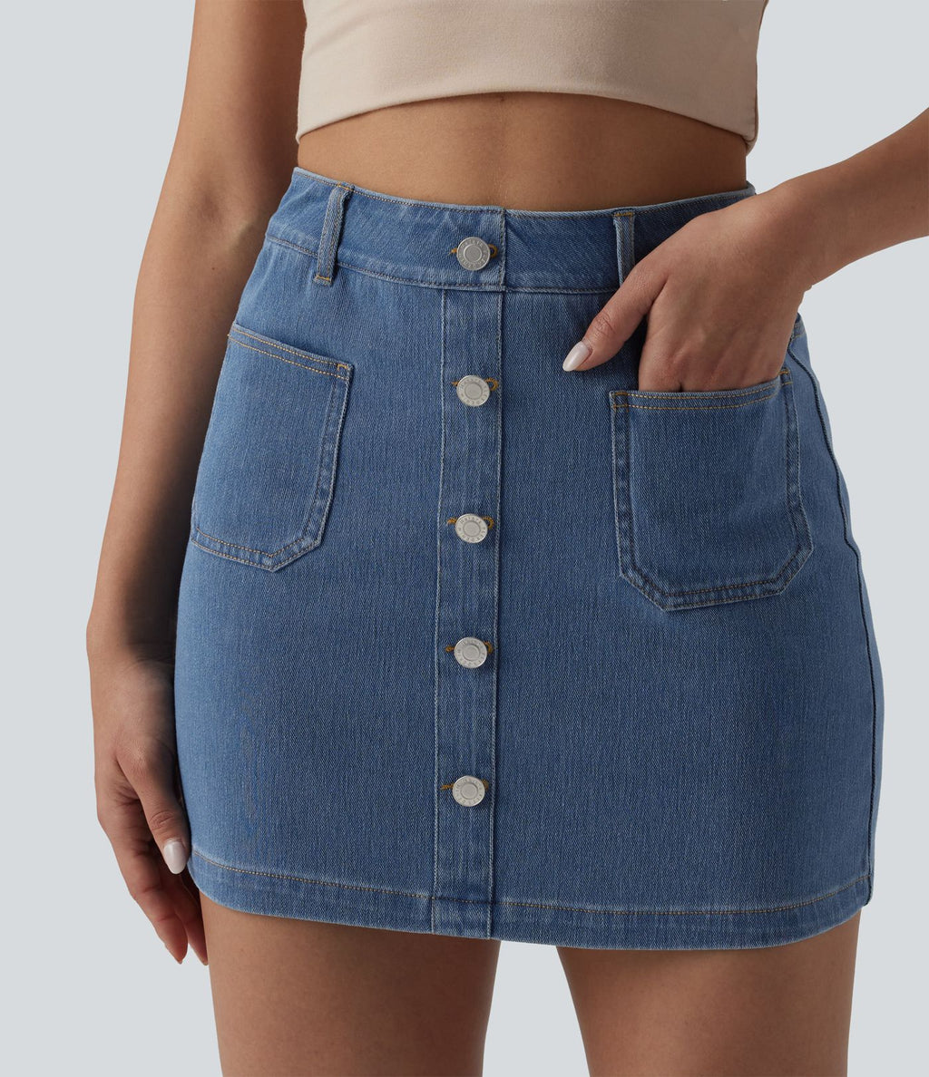 Jupe mini moulante décontractée Halara Flex™ en denim taille haute boutons décoratifs avec poches
