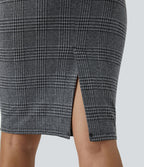 Jupe crayon de travail à taille haute, fente et motif pied-de-poule et carreaux