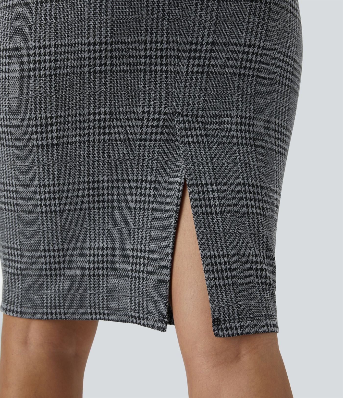 Jupe crayon de travail à taille haute, fente et motif pied-de-poule et carreaux