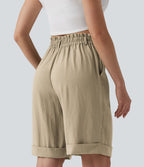 Bermuda resort taille haute effet lin avec ourlet roulotté et poches