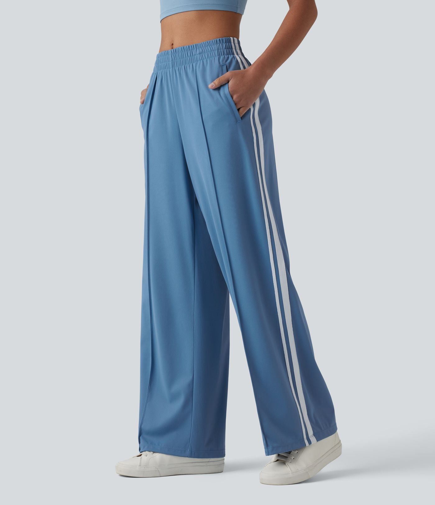 Pantalon décontracté mi-taille coupe droite à séchage rapide à rayures color block avec poches - UPF40+