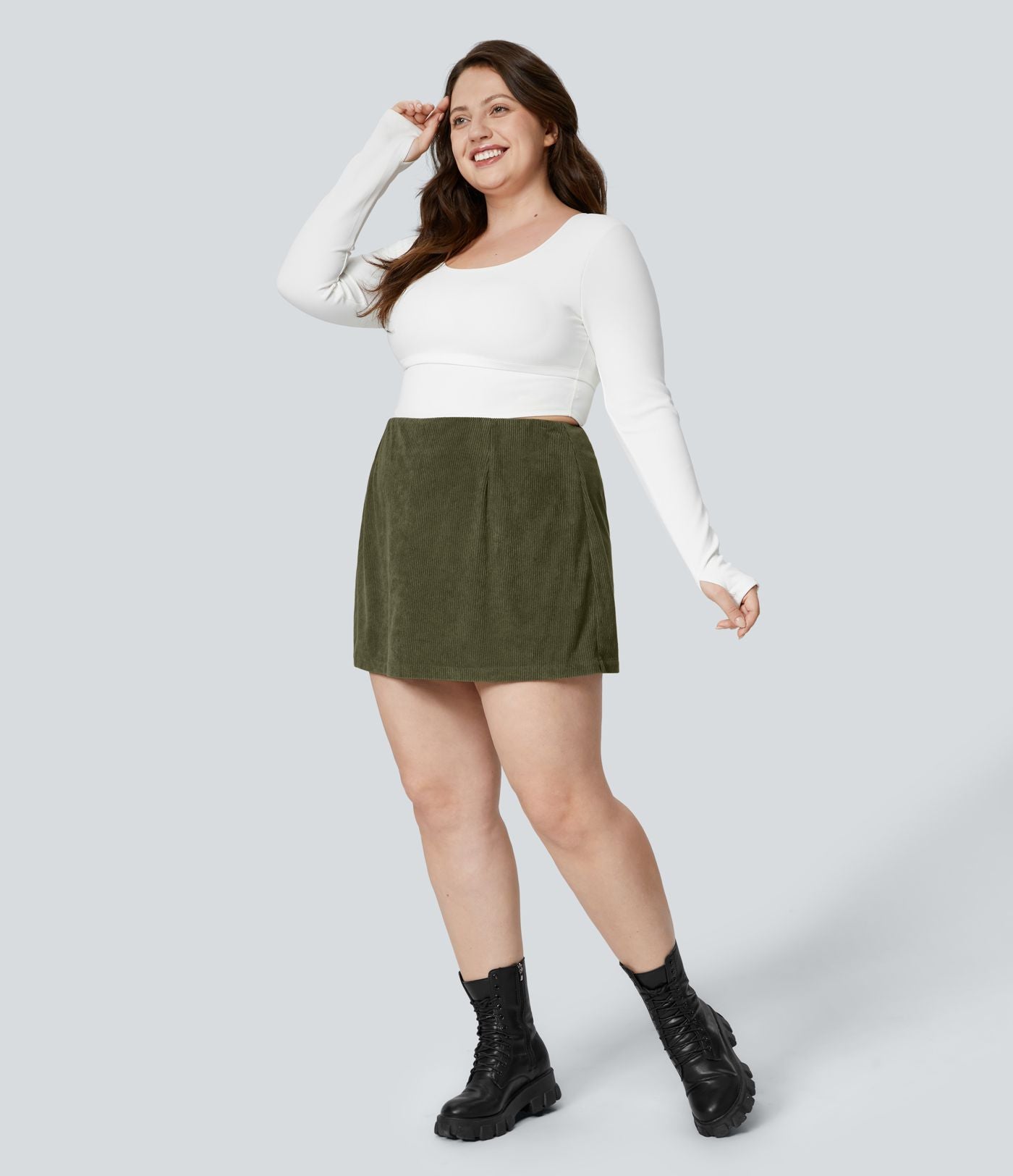Jupe Casual Grande Taille en Velours Côtelé Mini à Taille Haute avec Fermeture Éclair Invisible 2 en 1