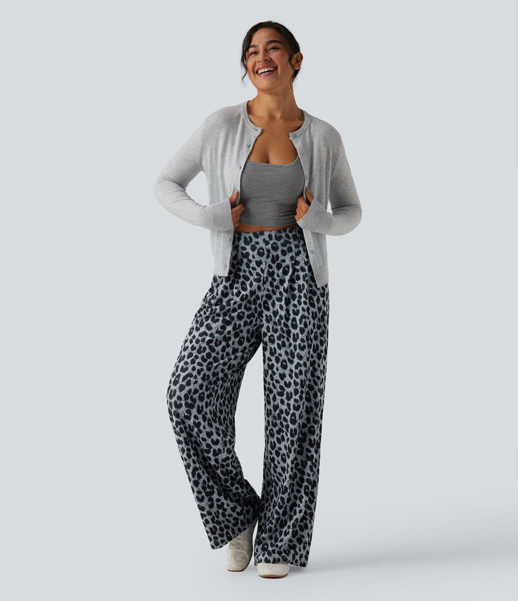 Pantalon large décontracté taille haute imprimé léopard en tissu gaufré avec poches