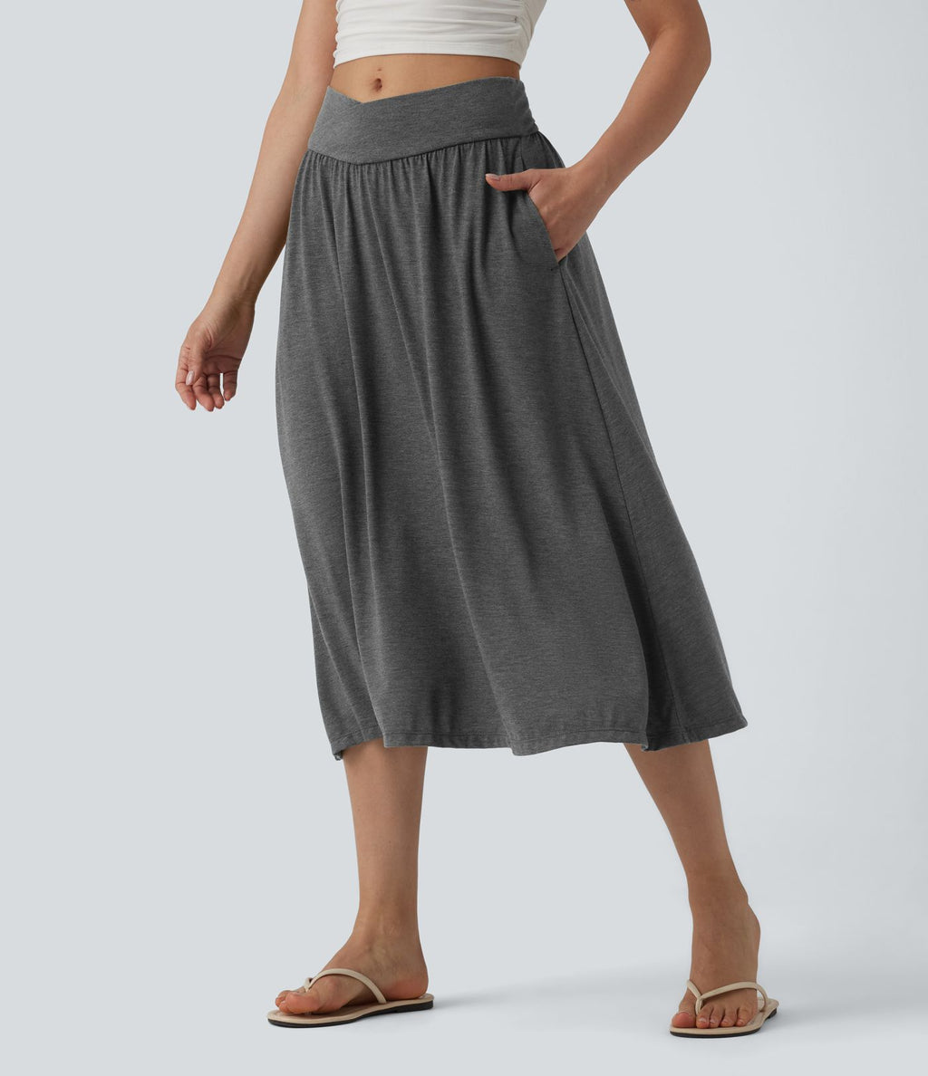 Jupe midi casual fluide croisée taille haute avec poches