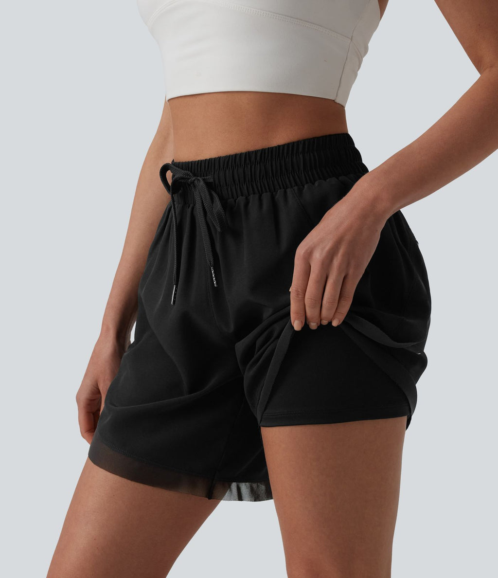Short de yoga 2-en-1 fluide maille contrastante taille mi-haute 17,5 cm avec cordon de serrage