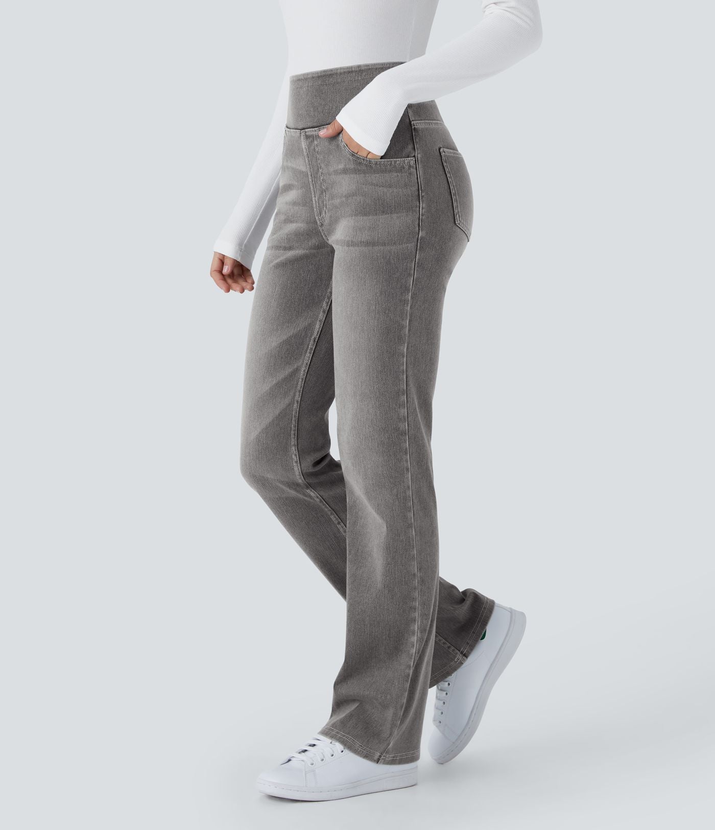 Halara Flex™ Jean bootcut décontracté extensible délavé taille haute à poches multiples