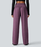 Pantalon de yoga large froncé chiné taille haute avec poches
