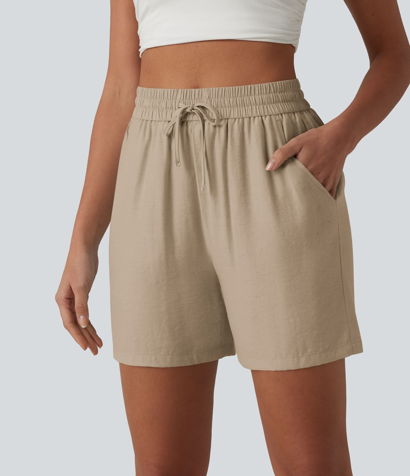Short décontracté ample en lin mélangé taille haute avec cordon de serrage, 12,5 cm, et poches