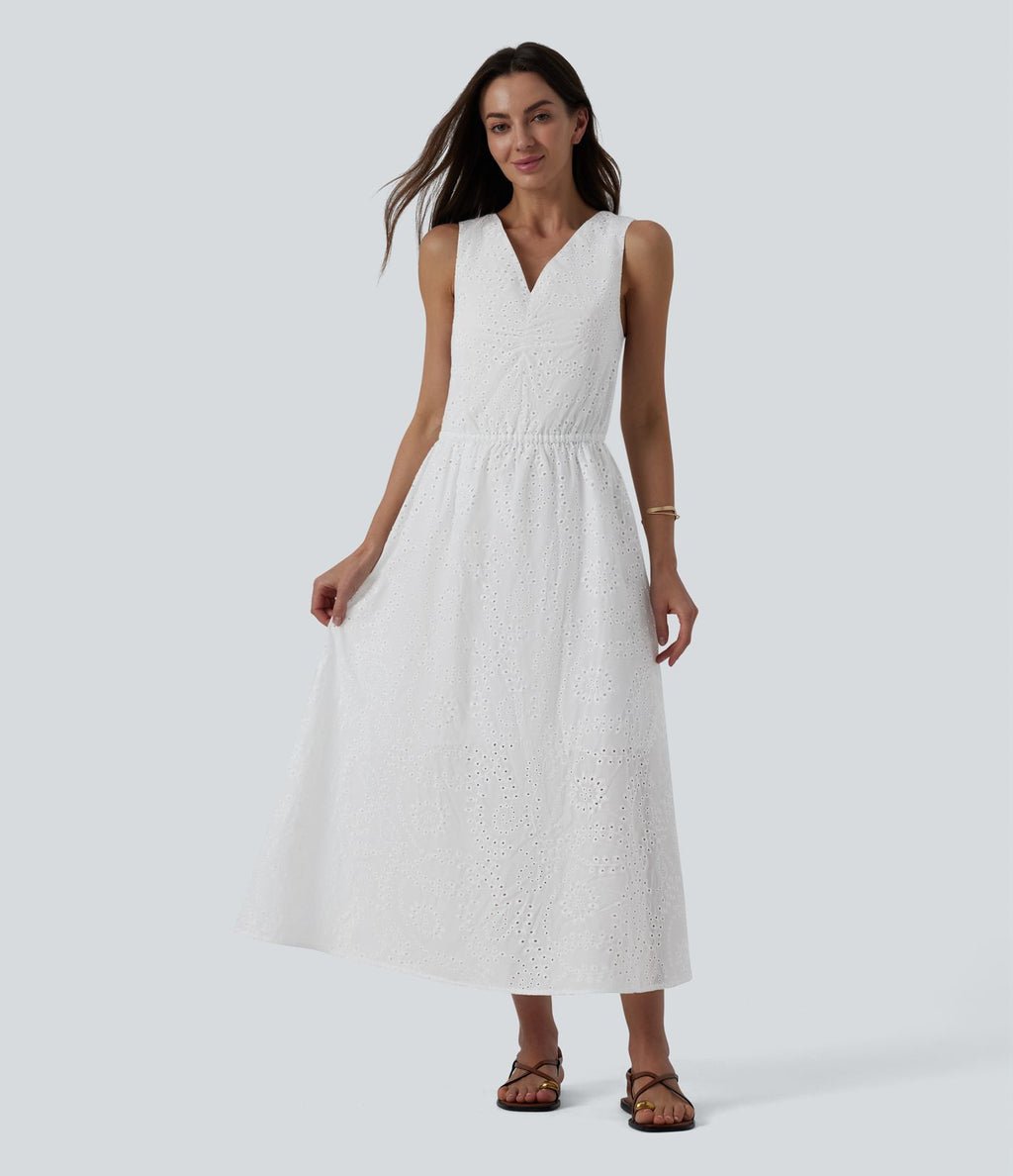 Robe mi-longue fluide col V sans manches avec nœud au dos
