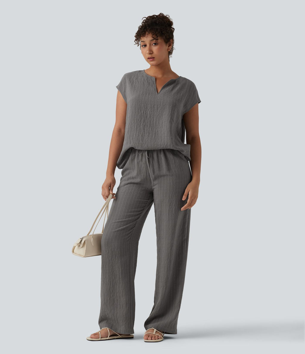 Pantalon large fluide décontracté en lin mélangé à rayures taille mi-haute avec cordon de serrage et poches