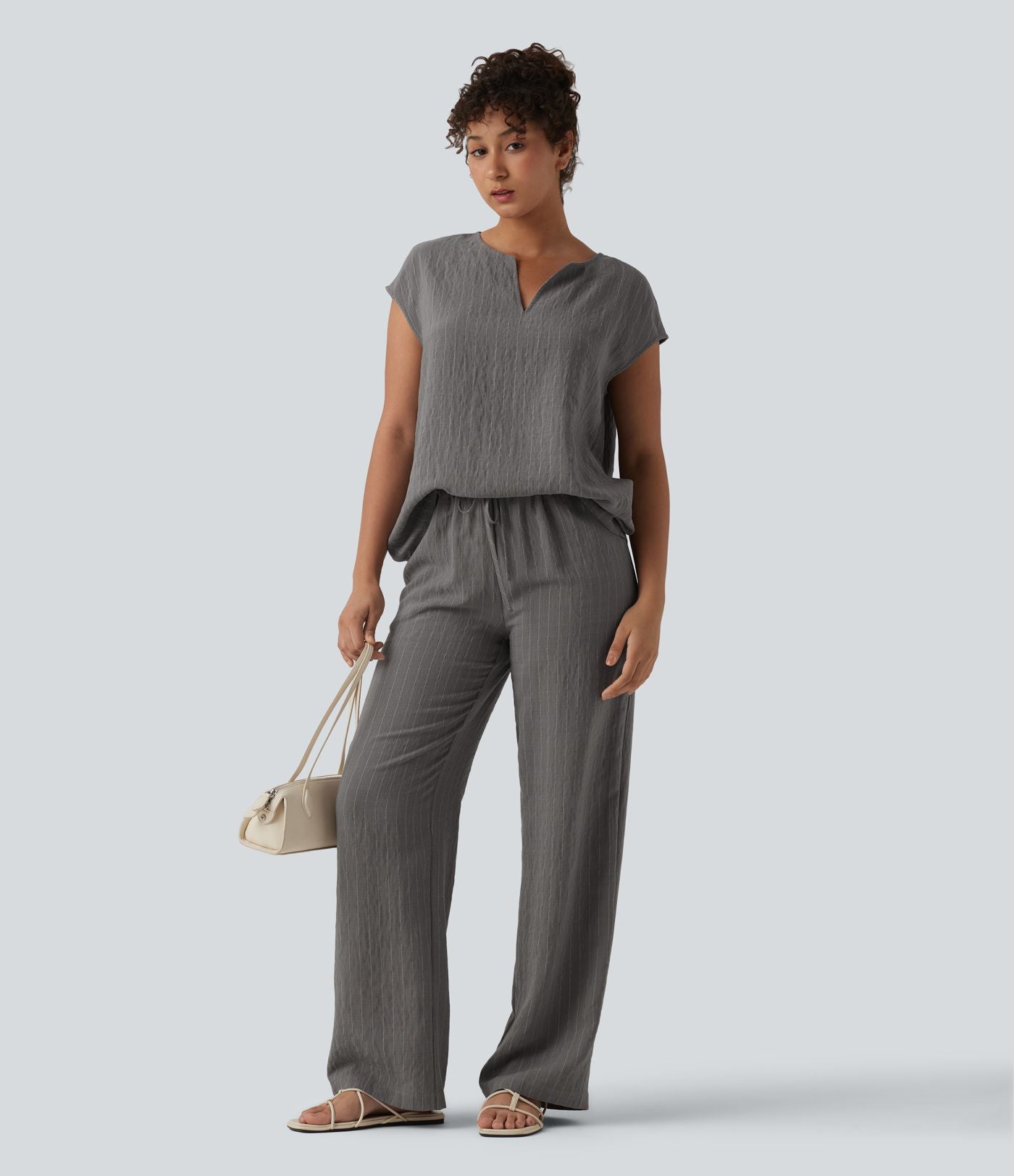 Pantalon large fluide décontracté en lin mélangé à rayures taille mi-haute avec cordon de serrage et poches