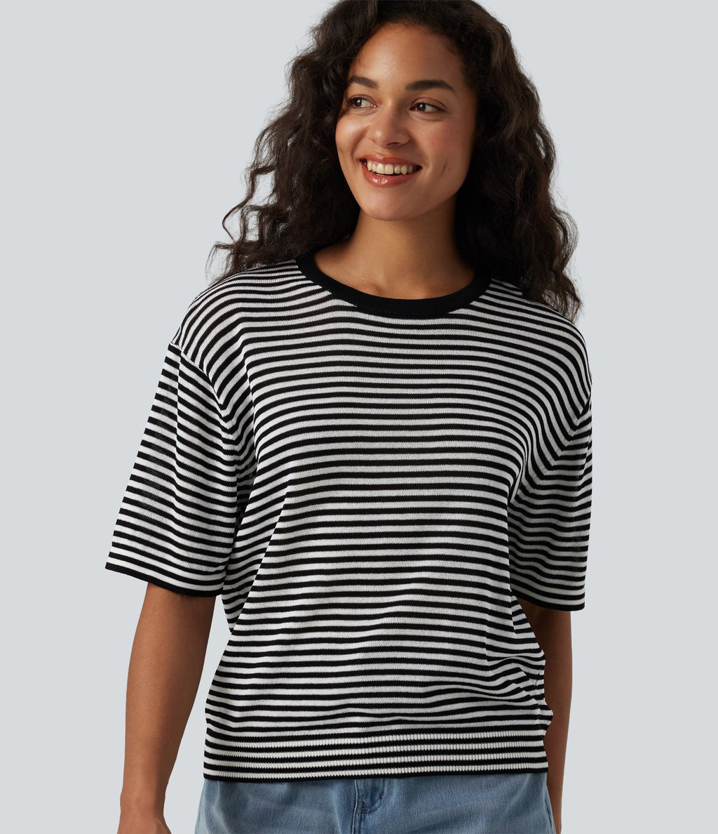 Pull décontracté rayé col rond manches courtes aspect lin