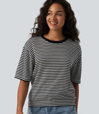 Pull décontracté rayé col rond manches courtes aspect lin