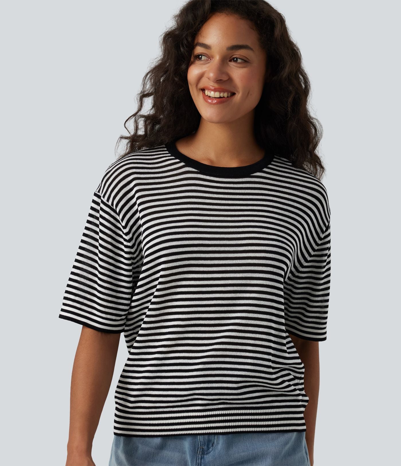 Pull décontracté rayé col rond manches courtes aspect lin
