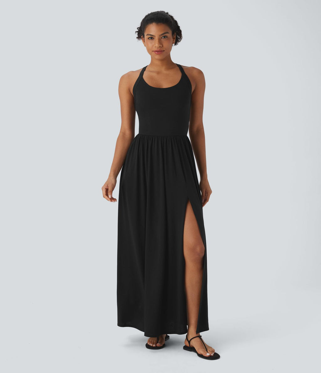 Robe longue fluide fendue avec poches latérales, dos nu et effet torsadé