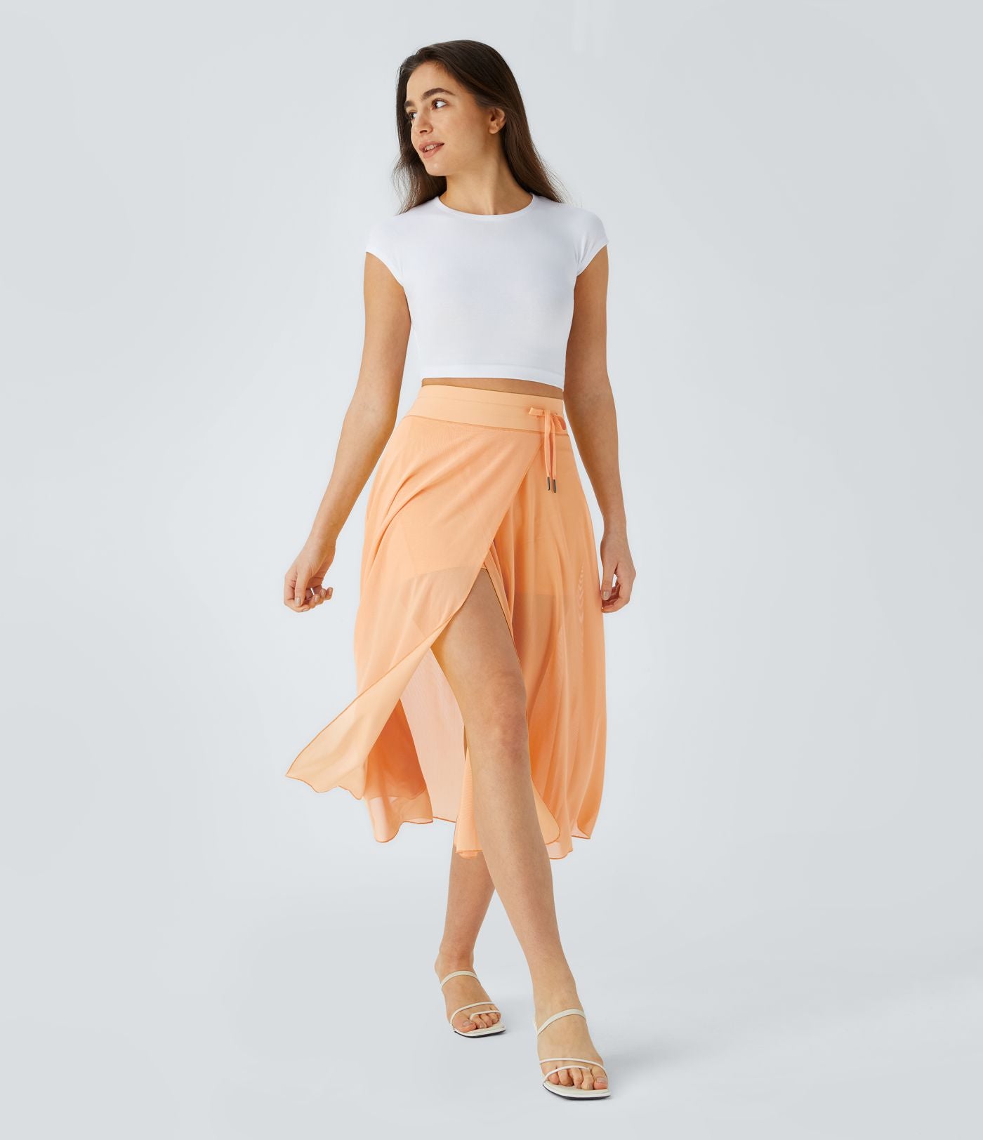 Jupe Casual Évasée Mesh Mi-Longue Fuide 2 en 1 Contrastée Taille Haute Cordon Poche Latérale