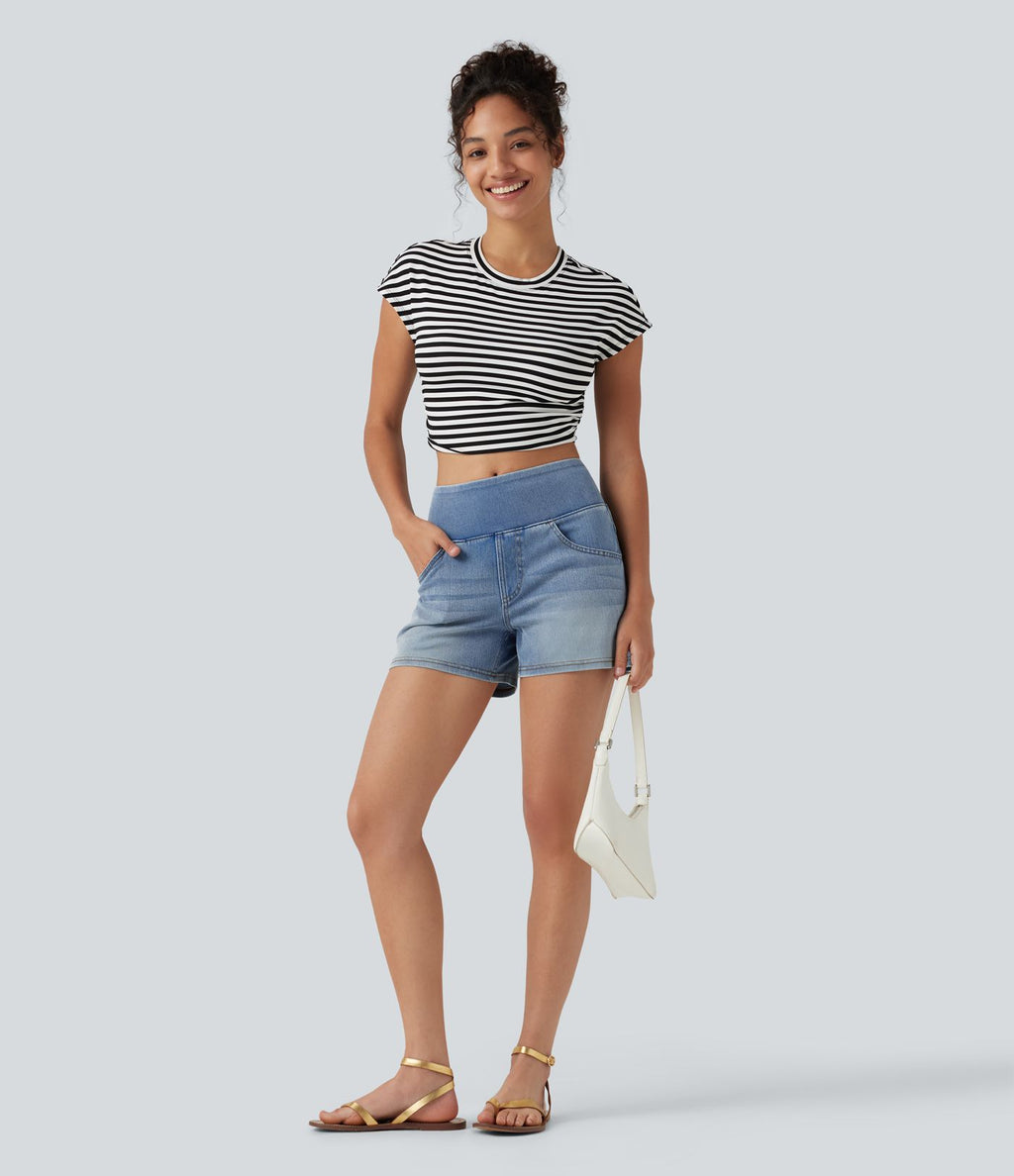 Halara Flex™ Short décontracté en denim lyocell délavé taille mi-haute drapé 9 cm avec poches