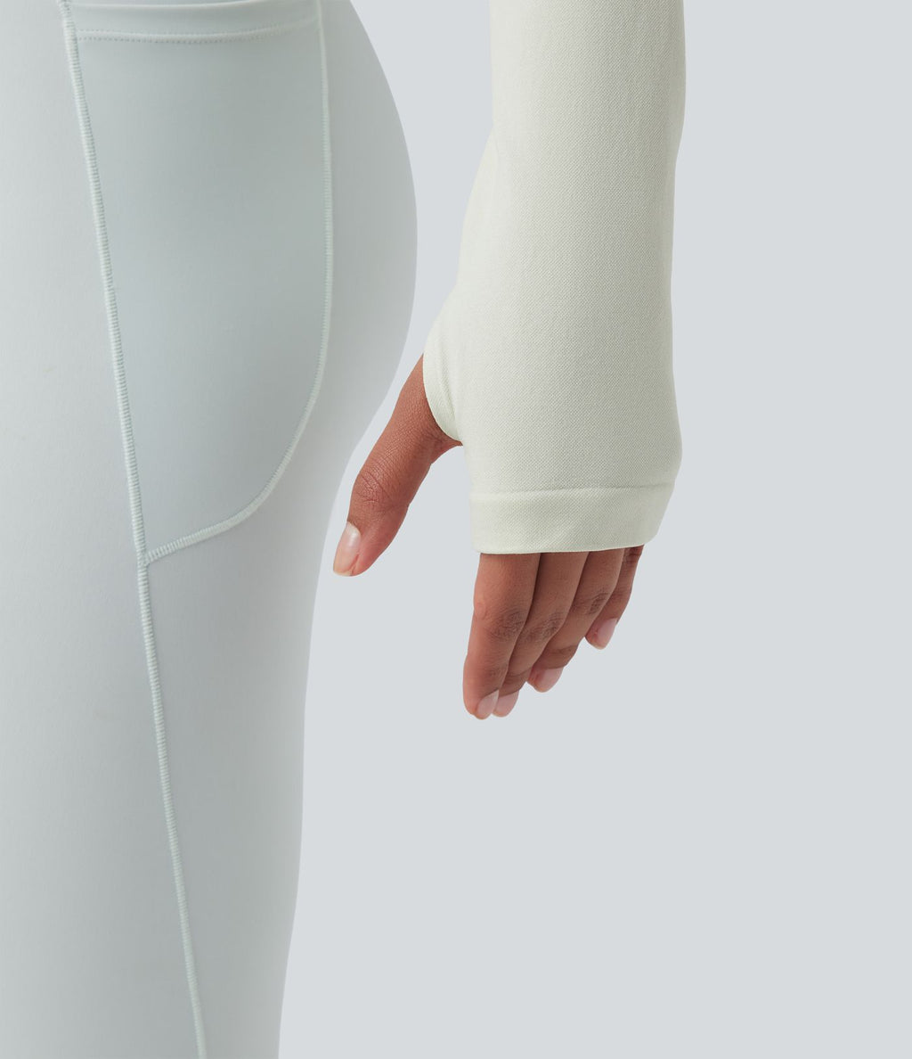 Haut de sport de yoga court Seamless Flow dos nu torsadé encolure dégagée manches longues avec passants pouces