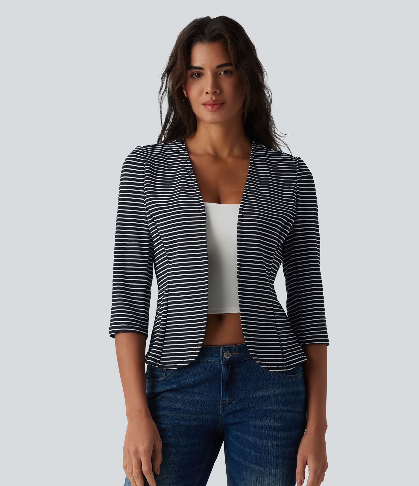 Blazer casual ouvert col V manches 3/4 à rayures en maille côtelée
