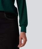 Blouse mesh contrastant col rond manches raglan longues