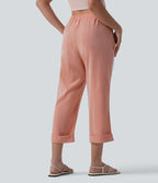Pantalon casual court aspect lin coupe droite taille haute avec poches