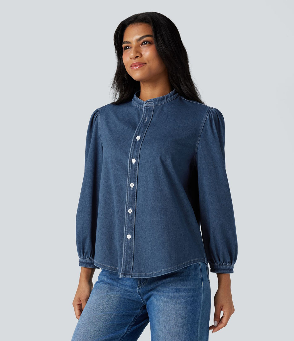 Chemise denim Halara Flex™ col montant manches 3/4 bouffantes