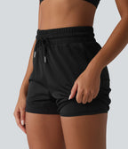 Short de sport 2 en 1 taille haute, cordon de serrage et œillets, en maille respirante