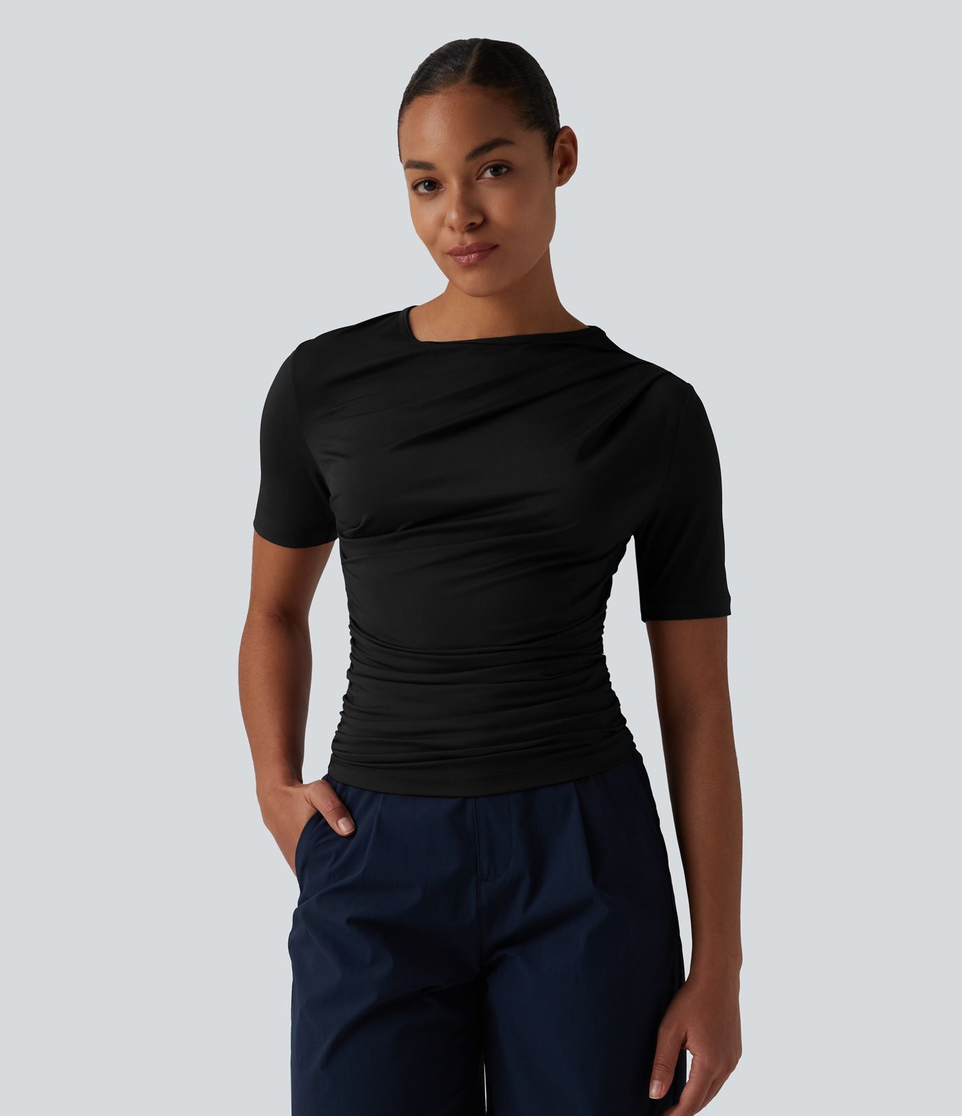 T-shirt décontracté asymétrique manches courtes froncé