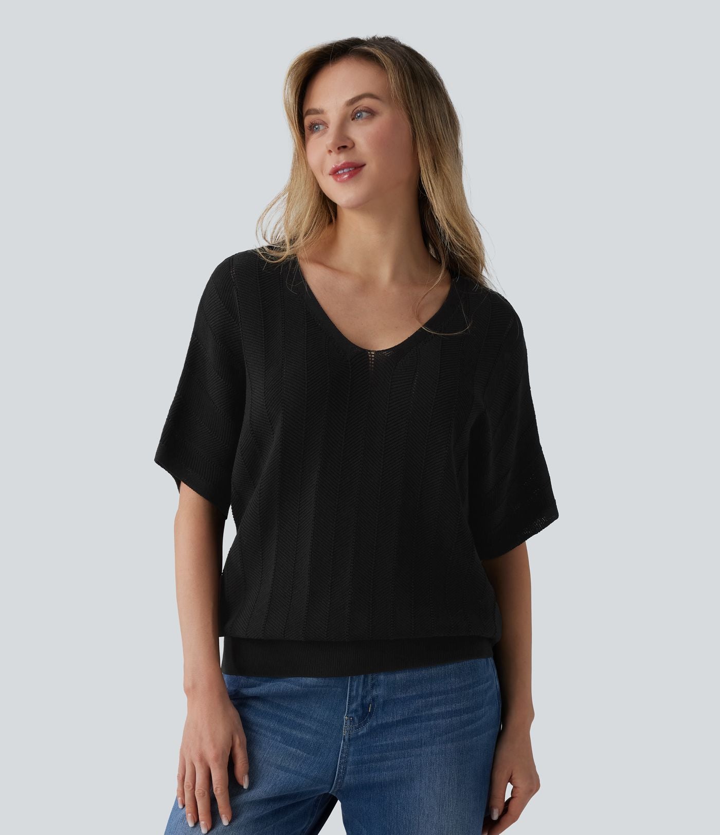 Pull décontracté col V manches courtes