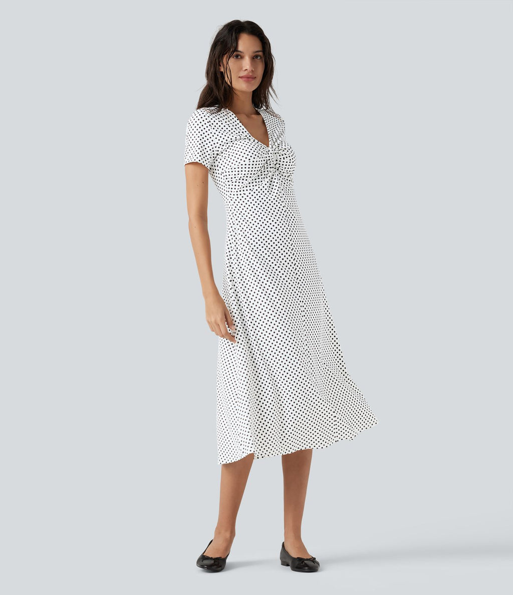 Robe midi décontractée à pois, col V, manches courtes