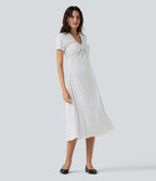 Robe midi décontractée à pois, col V, manches courtes