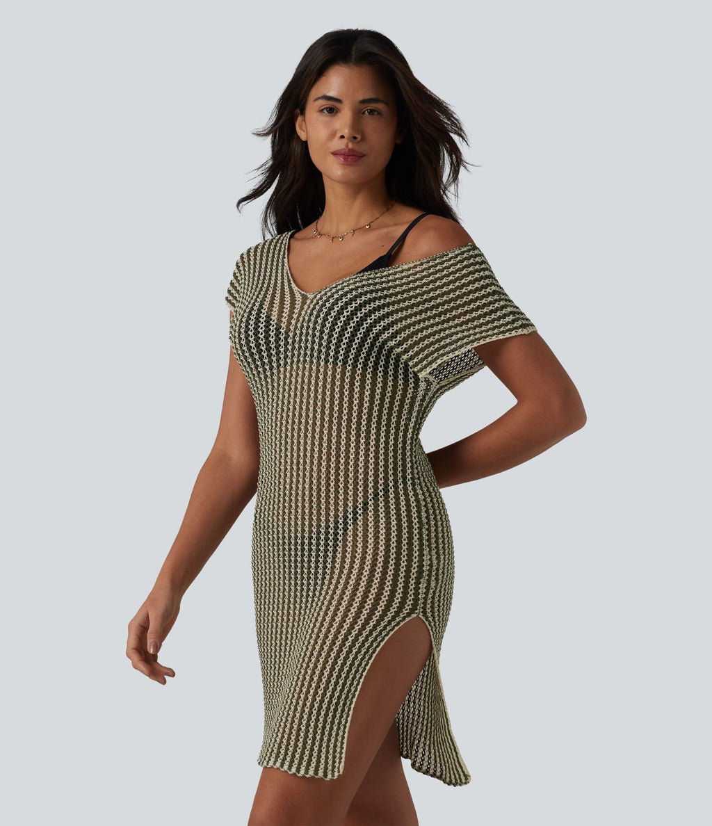 Robe de plage courte ajourée col V manches chauve-souris avec fente